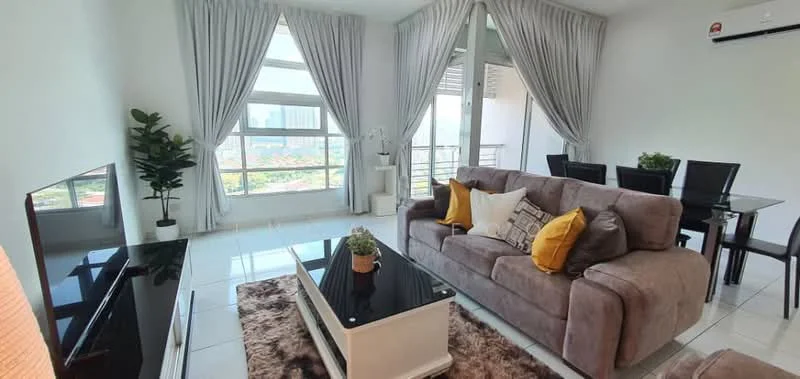 Living features: grey fabric 3-seater sofa, yellow accent pillows, white coffee table, black TV console, wall-mounted TV, area rug with geometric pattern, floor-to-ceiling windows, sheer curtains, potted plant, dining table with black chairs, recessed downlights, white painted walls, ceramic tile flooring, split wall-mounted air conditioning unit; style: modern; view: city.