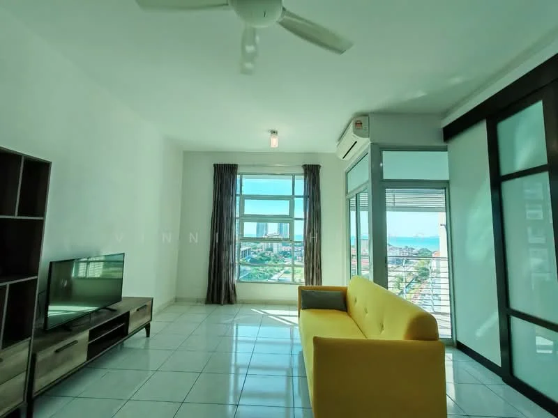 Living features: yellow fabric sofa, TV console, wall-mounted TV, floor-to-ceiling windows, curtains, white painted walls, polished tile flooring, ceiling fan, air conditioning unit, glass sliding door, city view; style: modern; view: city.