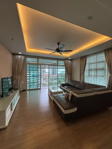 Living features: sofa with sectional design in dark brown and cream, coffee table, TV console, wall-mounted TV, 5-blade ceiling fan with integrated LED light, recessed lighting, floor-to-ceiling windows, sheer curtains, wooden flooring, decorative wall with lighting, balcony view, area rug; style: modern; view: city.