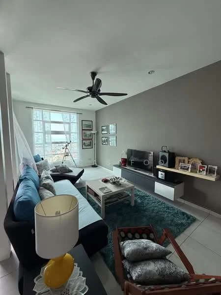 Living features: 3-seater fabric sofa in blue, 2-seater fabric sofa in grey, coffee table, area rug in teal, wall-mounted TV, TV console, 5-blade ceiling fan, decorative wall art, large windows with sheer curtains, wooden side table, decorative items on shelves; style: modern; view: city.