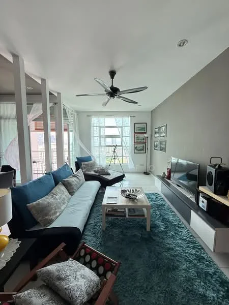 Living features: 3-seater fabric sofa in blue, area rug in teal, coffee table, wall-mounted TV, TV console in white, ceiling fan with light, large windows with sheer curtains, decorative wall art, wooden armchair with patterned upholstery, light-colored walls, grey accent wall, sliding glass door, decorative accessories on coffee table; style: modern; view: city.