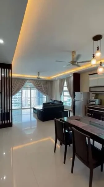 Living features: floor-to-ceiling windows, grey fabric sofa, coffee table, TV console, recessed downlights, ceiling fan, curtains, marble flooring, decorative wall paneling, open layout to dining area; style: modern; view: city. Dining features: 6-seater dining table, dark wood dining chairs, pendant lighting, open layout to living area; style: modern; view: city.