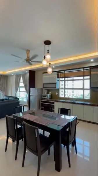 Dining features: 6-seater dining table, black dining chairs, pendant lighting, recessed downlights, floor-to-ceiling windows, curtains, white walls, glossy tile flooring, ceiling fan; style: modern; view: city. Living features: L-shape sectional sofa, coffee table, TV console, wall-mounted TV, decorative wall panel, large windows, curtains; style: modern; view: city.