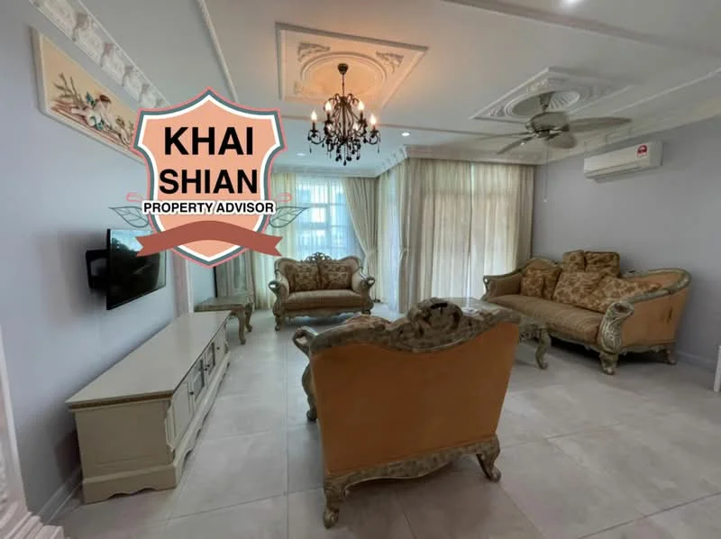 Living features: cream painted walls, tile flooring, tray ceiling with chandelier, 5-blade ceiling fan, wall-mounted TV, 2-seater sofa with ornate detailing, 3-seater sofa with ornate detailing, decorative wall art, sheer curtains, natural light from windows; style: traditional.