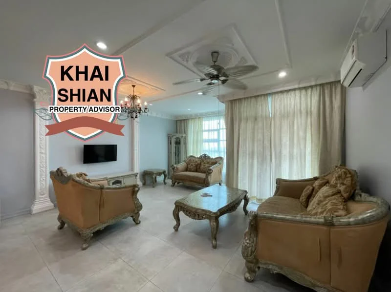 Living features: cream painted walls, tray ceiling with decorative moulding, 5-blade ceiling fan with light, chandelier, floor-to-ceiling windows with sheer curtains, 2-seater sofa in beige upholstery, 3-seater sofa in beige upholstery, wooden coffee table with decorative carvings, TV console, wall-mounted TV, tile flooring; style: luxury.