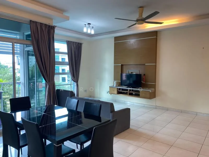 Living features: grey fabric sofa, 4-seater dining table with glass top, 6 dining chairs, wall-mounted TV, wooden feature wall, ceiling fan, sliding glass door, floor-to-ceiling windows, curtains, tile flooring, recessed ceiling lights; style: modern; view: garden.