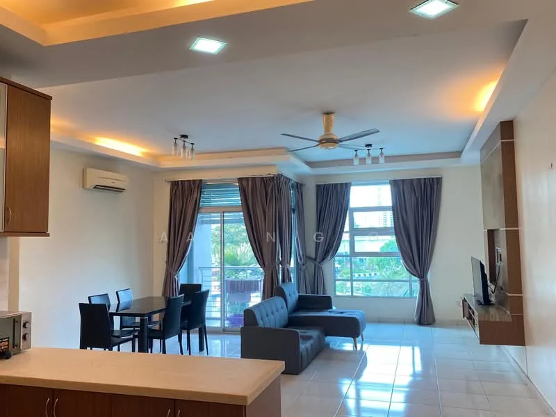 Living features: 5-blade ceiling fan with light, recessed downlights, wall-mounted TV, grey fabric sofa, 4-seater dining table, floor-to-ceiling windows, sliding glass door, curtains, cream painted walls, white tiled flooring, open layout, decorative ceiling, TV console; style: modern; view: garden.