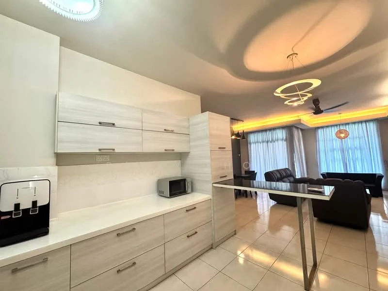 Kitchen features: white cabinetry with flat-panel doors, white countertop, built-in microwave, stainless-steel fridge, kitchen island with seating, ceramic tile flooring, recessed downlights, pendant light fixture, open layout to living area; style: modern. Living features: 2-seater leather sofa, 1-seater leather sofa, coffee table, floor-to-ceiling windows with sheer curtains, ceiling fan, LED strip lighting, area rug, decorative wall lighting; style: modern.