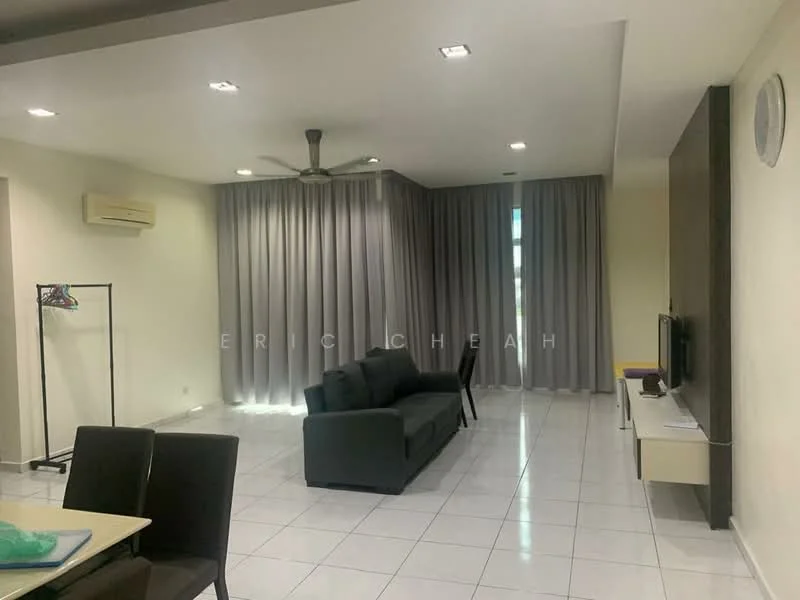 Living features: 3-seater fabric sofa in black, white tiled flooring, ceiling fan, recessed downlights, floor-to-ceiling windows with sheer curtains, wall-mounted TV, TV console, decorative wall panel, dining table with chairs, open layout; style: modern.