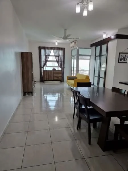 Living features: white painted walls, glossy tile flooring, 5-blade ceiling fan with light, large window with sheer curtains, yellow sofa, wooden dining table, 4 wooden dining chairs, wooden cabinet, decorative wall art, recessed lighting; style: modern; view: city.