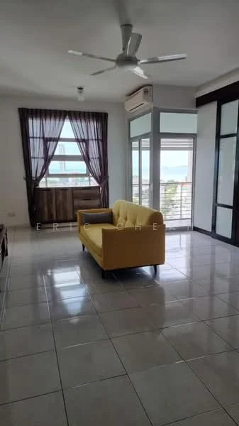 Living features: yellow fabric sofa, ceiling fan, wall-mounted air conditioning unit, large windows with city view, white painted walls, glossy tile flooring, curtains, coffee table, TV console; style: modern; view: city.