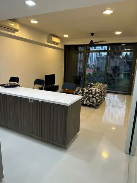 Living features: white walls, polished concrete flooring, 5-blade ceiling fan with light, 2 wall-mounted split AC units, sofa with geometric pattern, coffee table, TV console, wall-mounted TV, floor-to-ceiling windows, sheer curtains; style: modern; view: city. Kitchen features: kitchen island with white countertop, wood cabinetry, stainless-steel sink, chrome pull-down faucet; style: modern.