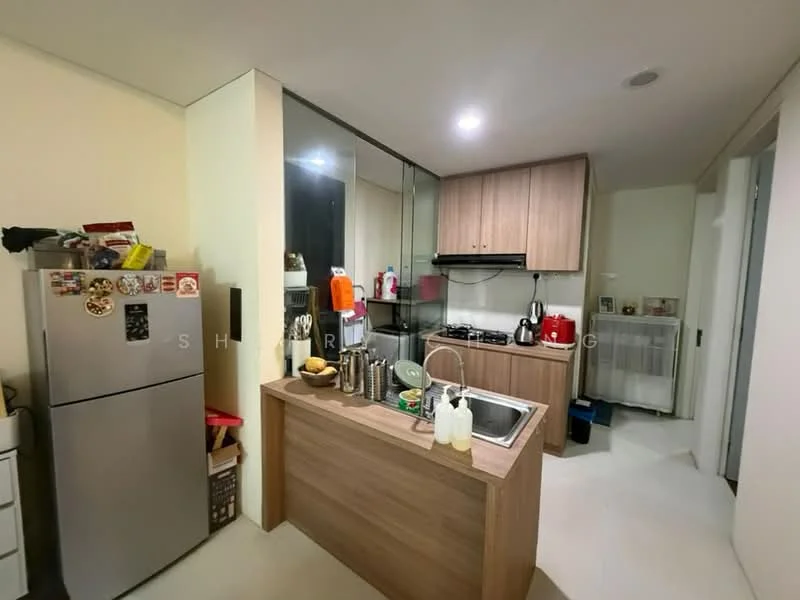 Kitchen features: stainless-steel fridge, wood cabinetry, black countertop, single-bowl stainless-steel sink, chrome pull-down faucet, built-in gas stove, exhaust hood, kitchen island with seating, white walls, tile flooring, wall-mounted storage, microwave, kettle, toaster; style: modern.