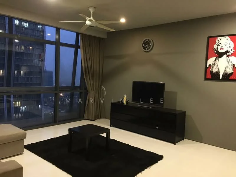 Living features: floor-to-ceiling windows, grey accent wall, white walls, 5-blade ceiling fan, recessed downlights, black TV console, wall-mounted TV, black coffee table, black area rug, curtains, decorative wall clock, framed artwork; style: modern; view: city.