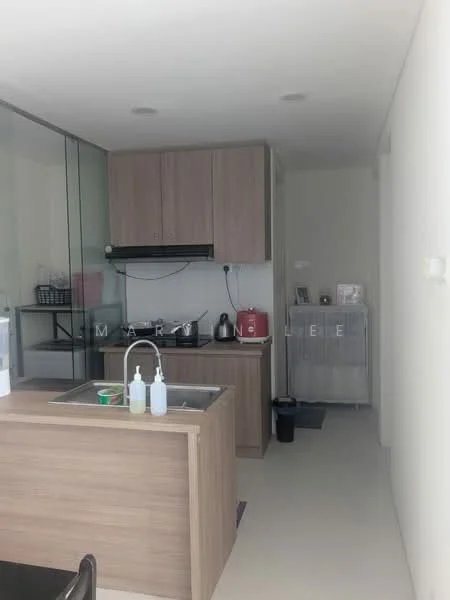Kitchen features: single-bowl stainless-steel sink, chrome pull-down faucet, wood cabinetry in light brown, built-in stove with exhaust hood, countertop in light color, microwave, kettle, toaster, open shelving, tile backsplash, refrigerator, flooring in light color, wall-mounted storage rack; style: modern.
