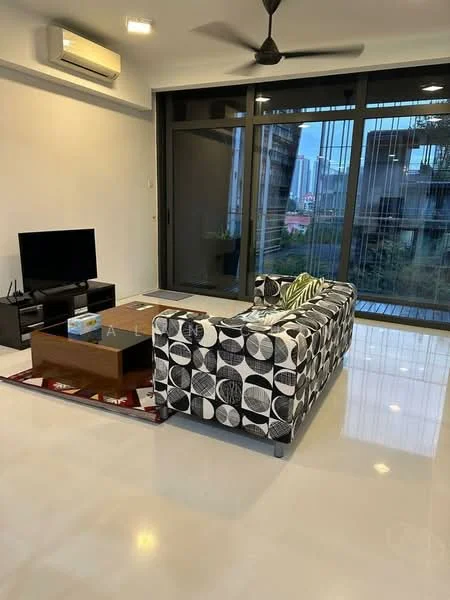 Living features: 3-seater fabric sofa with geometric pattern, coffee table, wall-mounted TV, TV console, area rug, floor-to-ceiling windows, sliding glass door, 1 wall-mounted split AC, recessed downlights, polished concrete flooring, decorative wall art; style: modern; view: city.