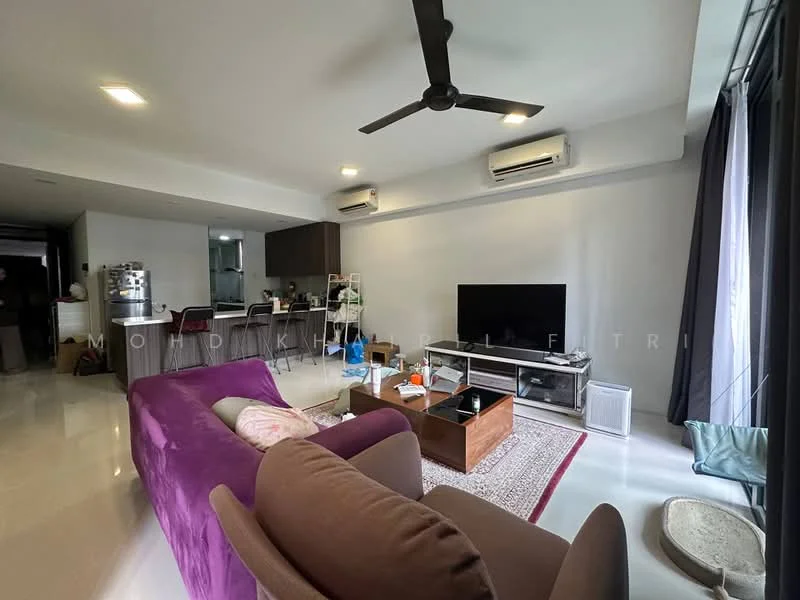 Living features: 5-blade ceiling fan with light, wall-mounted TV, TV console, sofa in brown fabric, purple 3-seater sofa, coffee table, area rug, recessed downlights, floor-to-ceiling windows with sheer curtains, marble flooring, air conditioning unit; style: modern. Kitchen features: open-plan layout, kitchen island, bar stools, stainless-steel appliances, cabinets, countertop; style: modern.