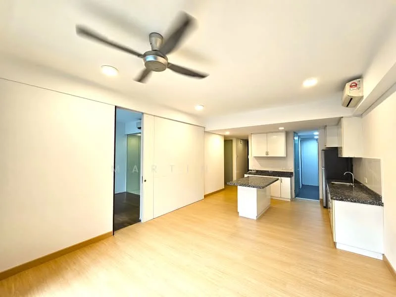 Living features: light wood laminate flooring, white painted walls, 5-blade ceiling fan with light, recessed downlights, kitchen island with granite countertop, built-in cabinets, sliding door to bedroom, air conditioning unit; style: modern.