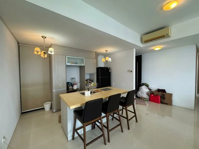 Kitchen features: island kitchen with countertop, 4 high-back bar stools, built-in cabinetry, white cabinets, black refrigerator, pendant lighting, recessed ceiling lights, white walls, glossy tile flooring, air conditioning unit; style: modern. Room features: boxes and bags, open space, natural light.