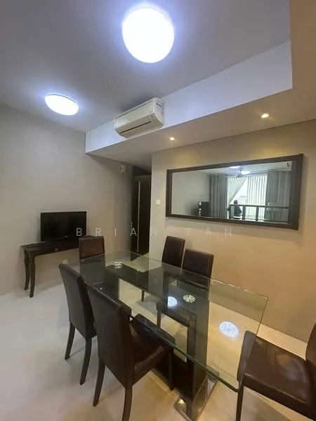 Dining features: glass dining table, 4 upholstered dining chairs in brown, wall-mounted mirror, recessed ceiling lights, wall-mounted TV, air conditioning unit, cream painted walls, light-colored flooring; style: modern.