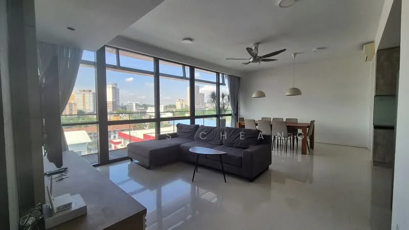 Living features: large floor-to-ceiling windows, grey fabric L-shape sectional sofa, black coffee table, white walls, recessed downlights, 5-blade ceiling fan, marble tile flooring, dining area with wooden dining table, 8 dining chairs, curtains, city view; style: modern; view: city.