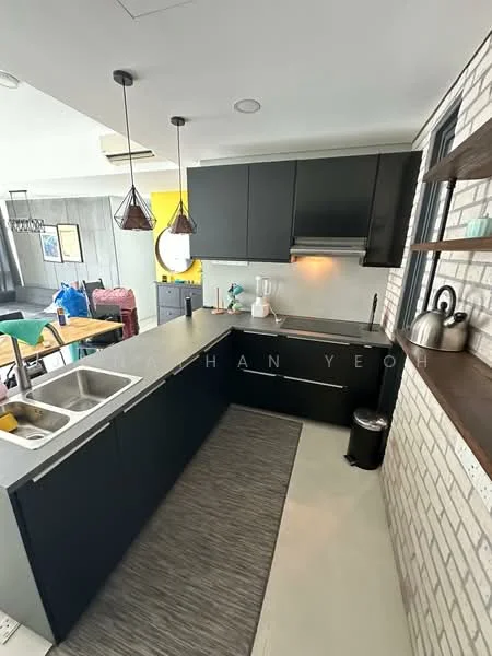 Kitchen features: black cabinetry, grey countertop, double-bowl stainless-steel sink, chrome pull-down faucet, exposed brick wall, pendant lighting, recessed downlights, kitchen island, built-in oven, stainless-steel kettle, waste bin, textured area rug; style: modern.