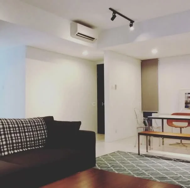 Living features: black and white checkered sofa, wood coffee table, white walls, recessed downlights, track lighting, wall-mounted split AC, dining table with clear chairs, area rug, open layout; style: modern.