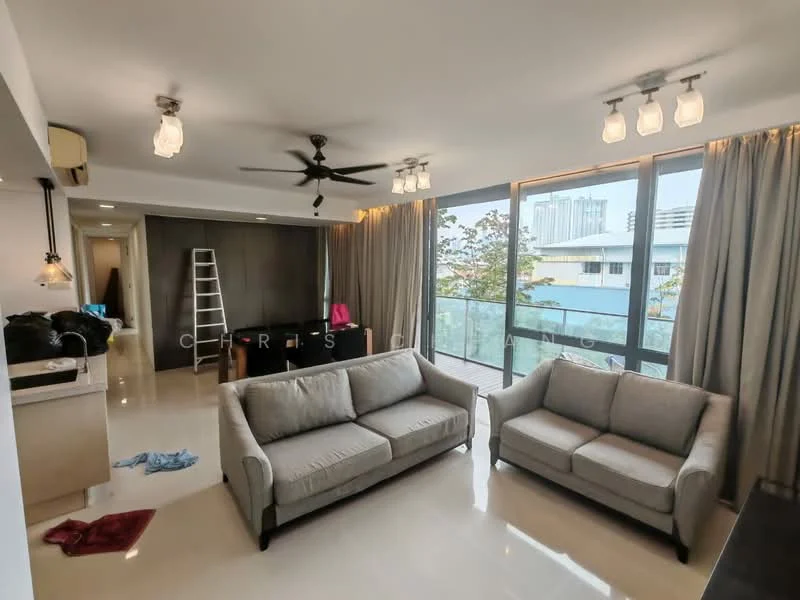 Living features: 2-seater fabric sofa in light grey, 3-seater fabric sofa in light grey, ceiling fan with light, recessed downlights, floor-to-ceiling windows, curtains, polished tile flooring, wall-mounted TV, decorative ladder, open kitchen area, kitchen island, area rug; style: modern; view: city.