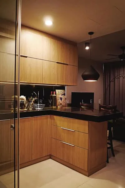 Kitchen features: wood cabinetry, black granite countertop, stainless-steel sink, chrome pull-down faucet, built-in oven, freestanding range oven, recessed downlights, pendant light, tile flooring, glass panel door, bar stools, wall-mounted TV; style: modern.