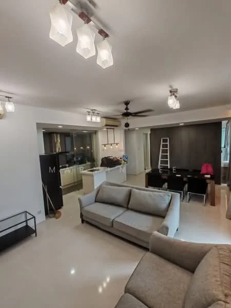 Living features: 3-seater fabric sofa in light grey, coffee table, pendant lighting with glass shades, 5-blade ceiling fan with light, wall-mounted TV, open layout to kitchen, large windows with city view, marble flooring, decorative wall with dark wood paneling, area rug; style: modern; view: city. Kitchen features: kitchen island with seating, white cabinetry, stainless-steel appliances, pendant lights above island, open shelving, tile backsplash, double-bowl stainless-steel sink, granite countertop; style: modern.
