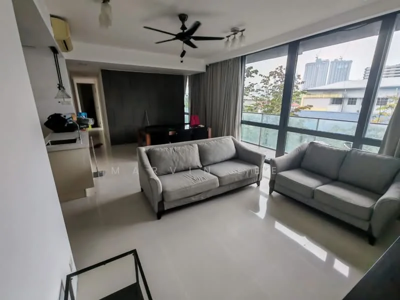 Living features: 3-seater fabric sofa in light grey, 2-seater fabric sofa in light grey, coffee table, floor-to-ceiling windows, curtains, ceiling fan, recessed downlights, marble tile flooring, wall-mounted TV, decorative wall panel, open layout to kitchen, balcony access; style: modern; view: city. Kitchen features: kitchen island, stainless-steel sink, built-in cabinets, refrigerator, stove, exhaust hood, pendant lighting; style: modern.
