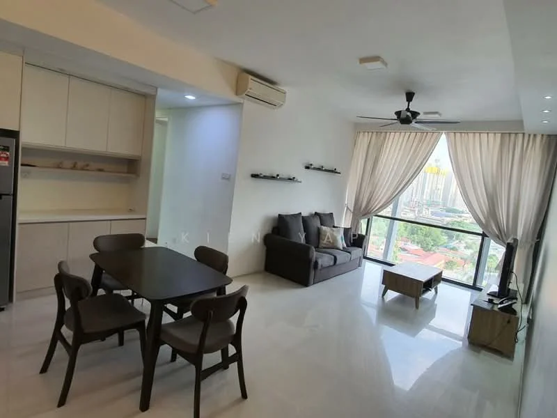 Living features: white painted walls, polished marble flooring, 5-blade ceiling fan with light, floor-to-ceiling windows, sheer curtains, grey fabric sofa, wood coffee table, dining table with 4 chairs, air conditioning unit; style: modern; view: city. Kitchen features: white cabinetry, stainless-steel fridge, built-in cabinets, open layout; style: modern.