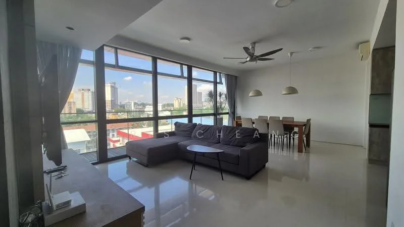 Living features: large floor-to-ceiling windows, grey fabric L-shape sectional sofa, round coffee table, white walls, recessed downlights, 5-blade ceiling fan, marble flooring, curtains, TV console, dining table with chairs; style: modern; view: city.