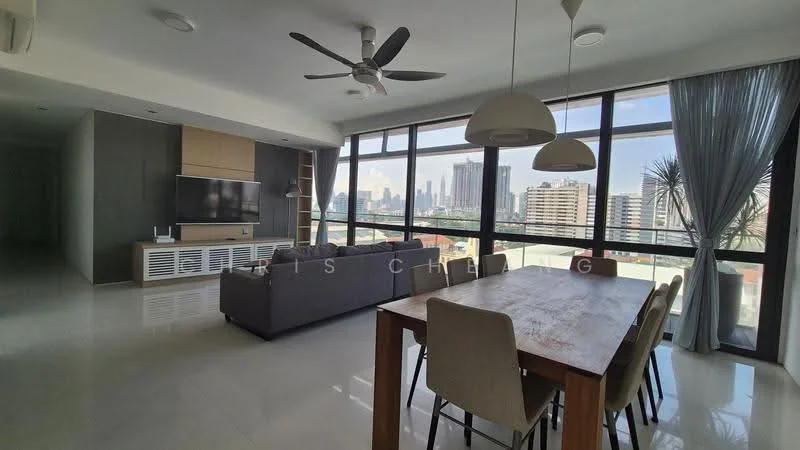 Living features: floor-to-ceiling windows, 3-blade ceiling fan, sofa in grey fabric, wooden dining table, upholstered dining chairs, TV console, wall-mounted TV, marble flooring, decorative plants, sheer curtains, recessed downlights; style: modern; view: city.