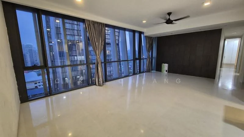 Living features: floor-to-ceiling windows, grey accent wall, white painted walls, polished marble flooring, 5-blade ceiling fan, recessed downlights, curtains, open layout; style: modern; view: city.