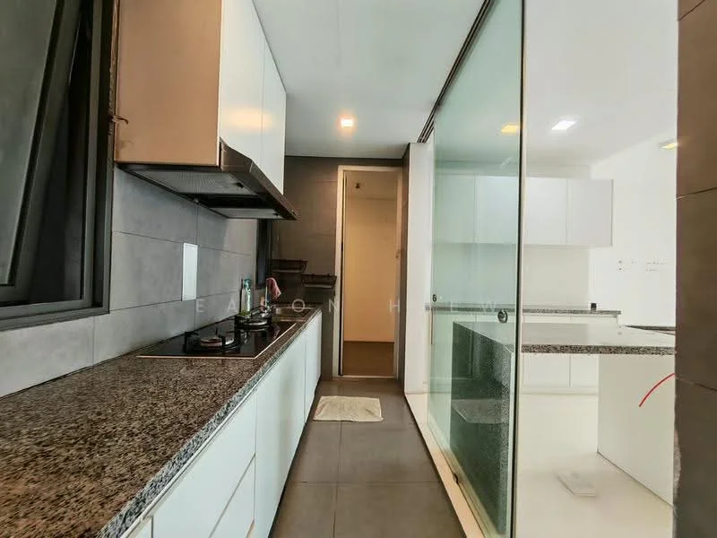 Kitchen features: granite countertop, white cabinetry, built-in oven, 4-burner gas hob, stainless-steel range hood, grey tiled flooring, glass partition, sink, wall-mounted cabinets, open shelving, recessed lighting; style: modern.