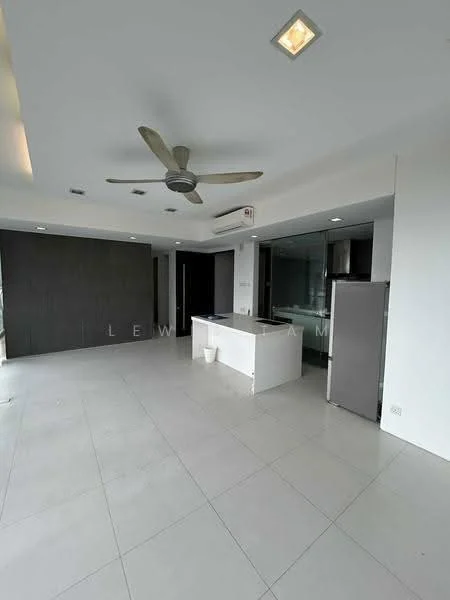 Living features: white walls, grey accent wall, ceramic tile flooring, 5-blade ceiling fan with light, recessed downlights, open kitchen layout, kitchen island, stainless-steel fridge, sliding glass door, floor-to-ceiling windows; style: modern.