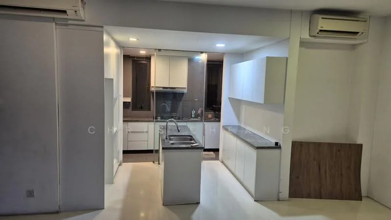 Kitchen features: white cabinetry, grey countertop, single-bowl stainless-steel sink, chrome pull-down faucet, built-in oven, freestanding range oven, ceramic tile flooring, recessed downlights, window above sink, 2 wall-mounted split AC units; style: modern.