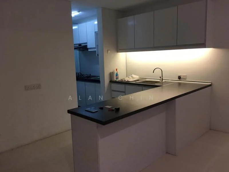 Kitchen features: white cabinetry, black countertop, single-bowl stainless-steel sink, chrome pull-down faucet, built-in gas stove, wall-mounted kitchen cabinets, recessed lighting, neutral wall colour, tile flooring; style: modern.