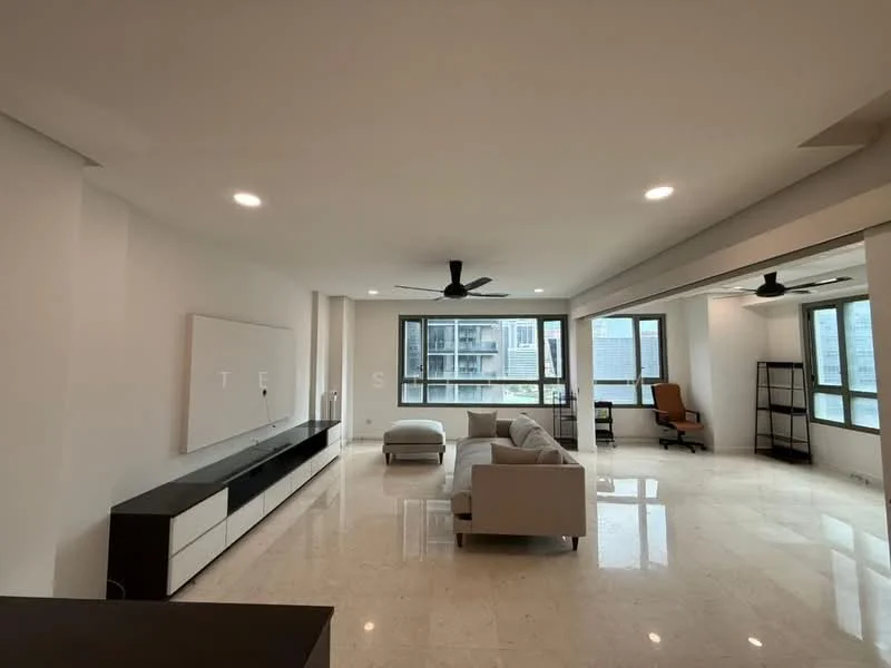 Living features: marble tile flooring, white painted walls, 5-blade ceiling fan with light, floor-to-ceiling windows, black TV console, light grey fabric sofa, ottoman, black shelving unit, recessed LED downlights; style: modern; view: city.