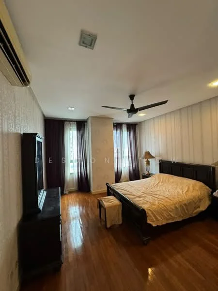 Bedroom features: king-size bed, upholstered headboard, wooden bedside table, lampshade on bedside table, 3-blade ceiling fan, wall-mounted TV, wooden flooring, floor-to-ceiling windows, sheer curtains, dark curtains, decorative wall with wallpaper, built-in wardrobe; style: modern; view: city.