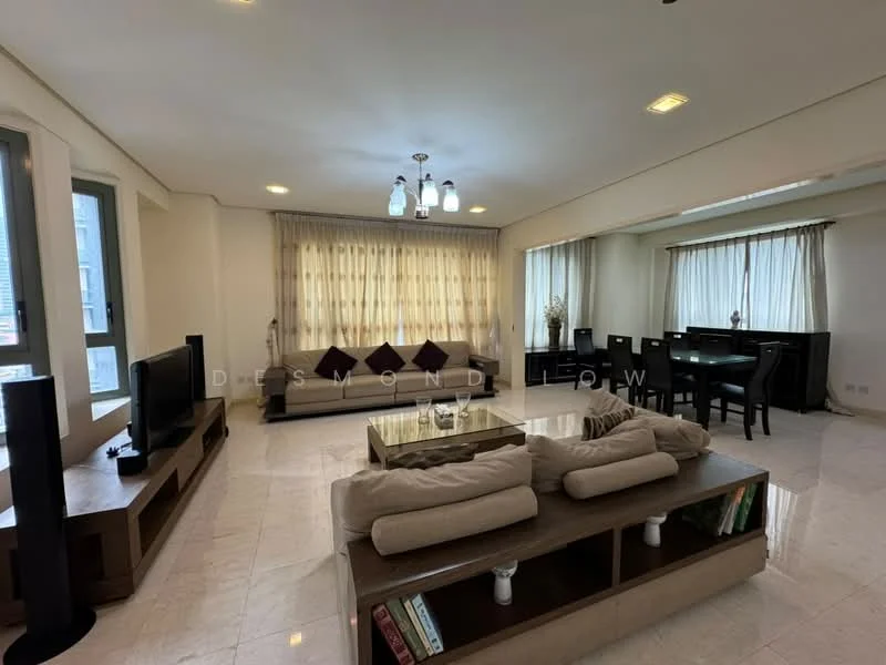 Living features: cream painted walls, white ceiling with recessed downlights, marble tile flooring, floor-to-ceiling windows with sheer curtains, 3-seater fabric sofa in beige, 2-seater fabric sofa in beige, coffee table with wooden base, TV console with storage, decorative wall art, area rug with geometric pattern, dining table with 6 chairs, sideboard cabinet; style: modern; view: city.