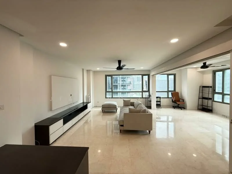 Living features: marble tile flooring, white painted walls, recessed downlights, 5-blade ceiling fan, floor-to-ceiling windows, sliding glass door, TV console, sofa in light color, armchair, open layout, decorative wall panel, natural light from windows; style: modern; view: city.