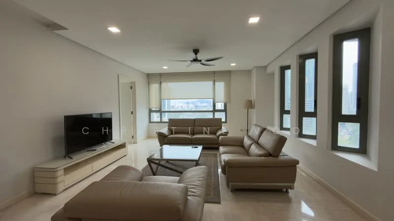 Living features: 3-seater leather sofa in beige, 2-seater leather sofa in beige, coffee table with glass top, TV console, wall-mounted TV, area rug with neutral pattern, 5-blade ceiling fan with light, recessed LED downlights, floor-to-ceiling windows, roller blinds, cream painted walls, marble flooring; style: modern; view: city.