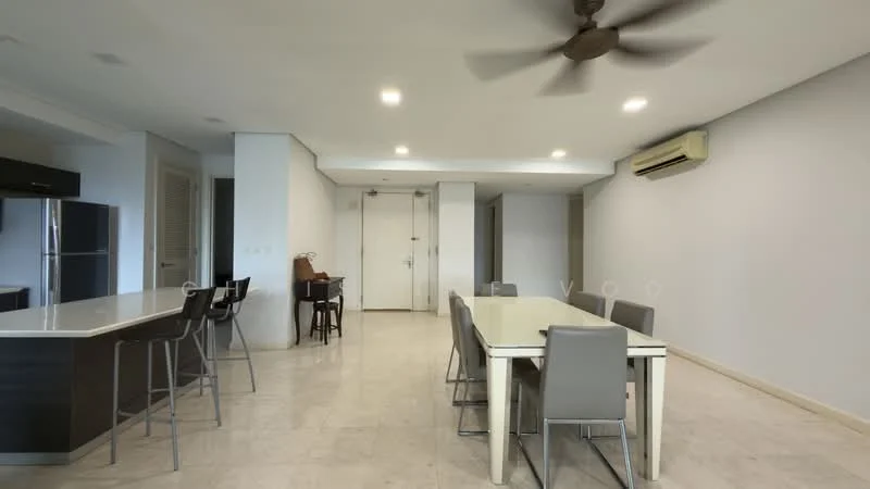 Dining features: marble tile flooring, white painted walls, 5-blade ceiling fan with light, recessed LED downlights, dining table with 6 chairs, open layout to kitchen, air conditioning unit, bar stools at counter; style: modern. Kitchen features: stainless-steel fridge, kitchen island with countertop; style: modern.