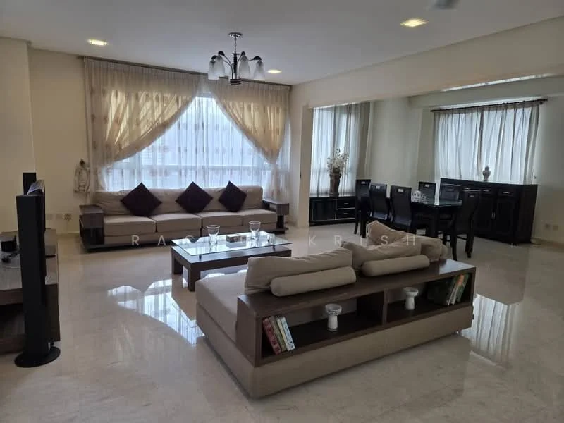 Living features: 3-seater fabric sofa in beige, 2-seater fabric sofa in beige, coffee table with open shelving, TV console, wall-mounted TV, area rug, chandelier with multiple bulbs, floor-to-ceiling windows with sheer curtains, marble flooring, decorative vases, wall decor, cushions in dark purple, built-in cabinetry; style: modern. Dining features: 6-seater dining table in dark wood, upholstered dining chairs, sideboard cabinet, floor-to-ceiling windows with sheer curtains, marble flooring; style: modern.