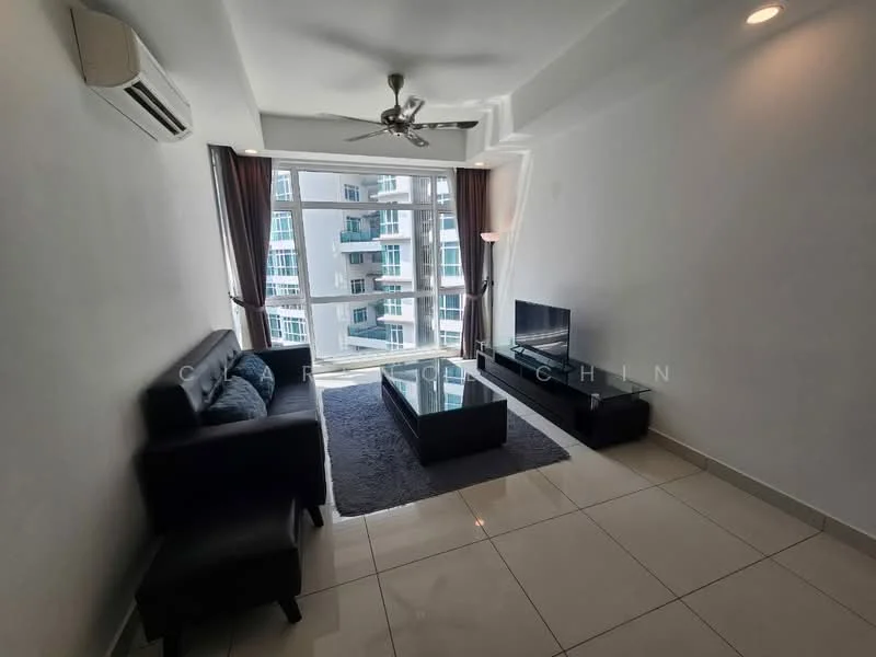 Living features: 3-seater fabric sofa in black, coffee table, wall-mounted TV, TV console, area rug with geometric pattern, floor-to-ceiling windows, sliding glass door, curtains, ceiling fan with light, white painted walls, glossy tile flooring, recessed downlights; style: modern; view: city.