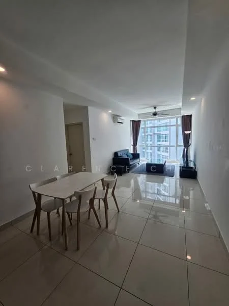 Living features: white painted walls, glossy tile flooring, 5-blade ceiling fan with light, floor-to-ceiling windows, sheer curtains, sofa in dark blue fabric, coffee table, dining table with wooden legs and white top, TV console, area rug; style: modern; view: city.