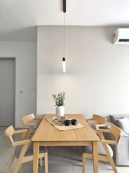 Dining features: wood dining table, 4 wooden dining chairs, pendant light fixture, white walls, air conditioning unit, ceramic tile flooring, decorative vase with greenery, table runner; style: modern.
