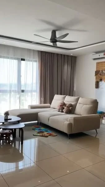 Living features: 3-seater fabric sofa in light beige, ceiling fan, floor-to-ceiling windows, sheer curtains, grey accent wall, white painted walls, polished tile flooring, coffee table, decorative plush toys, area rug with colorful pattern, wall-mounted air conditioning unit; style: modern; view: city.